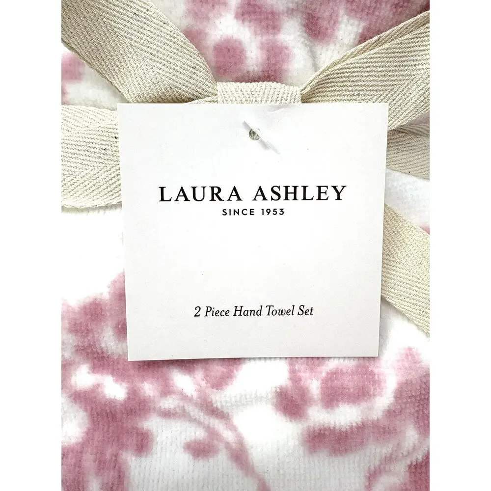 Laura Ashley Floral Bath Hand Towels Set 2 Pcs Pink White Toile NWT Flowers